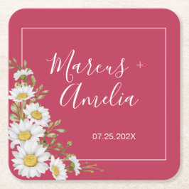 Posavasos Cuadrado De Papel Boda Magenta y White Daisies