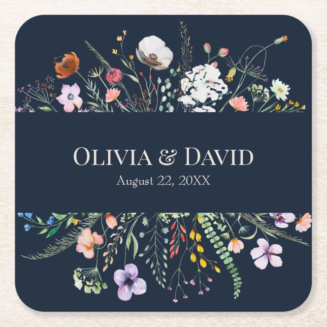 Posavasos Cuadrado De Papel Boda Marina Blue Wildflower Meadow (Anverso)