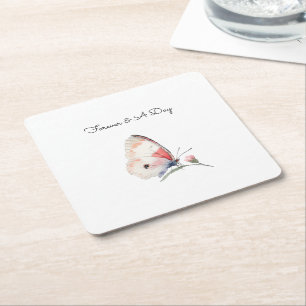 Posavasos Cuadrado De Papel Boda Mariposa Floral Melocotón Rubor Para Siempre
