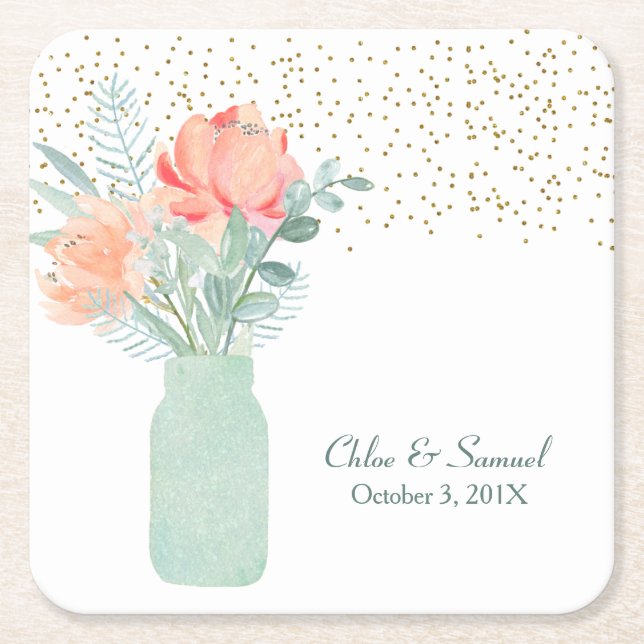 Posavasos Cuadrado De Papel Boda Mason Jar de vidrio escarpado (Anverso)