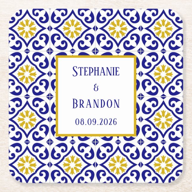 Posavasos Cuadrado De Papel Boda mediterráneo azul de azulejos portugueses (Anverso)