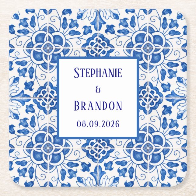Posavasos Cuadrado De Papel Boda mediterráneo azul de azulejos portugueses (Anverso)