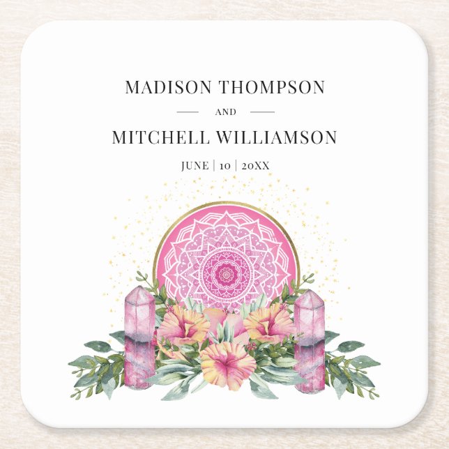 Posavasos Cuadrado De Papel Boda metafísico de cristales de Mandala floral ros (Anverso)