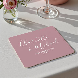 Posavasos Cuadrado De Papel Boda Minimalista con Guión Rosa Polvoriento