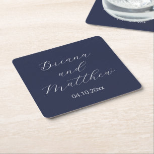 Posavasos Cuadrado De Papel Boda Minimalista de Letra Caligráfica Azul Marino