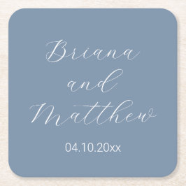 Posavasos Cuadrado De Papel Boda Minimalista de Letra Caligráfica en Azul Polv