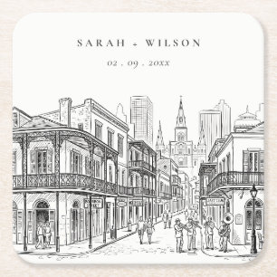 Posavasos Cuadrado De Papel Boda minimalista esbozo de Nueva Orleans Louisiana