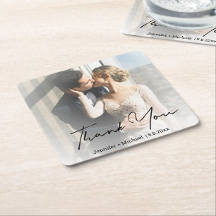 Posavasos Cuadrado De Papel boda minimalista foto desvanecida gracias