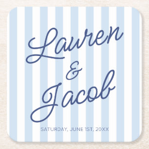 Posavasos Cuadrado De Papel Boda Minimalista Moderna de Rayas Azules