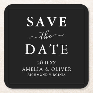 Posavasos Cuadrado De Papel Boda Minimalista Negra Atemporal Save The Date