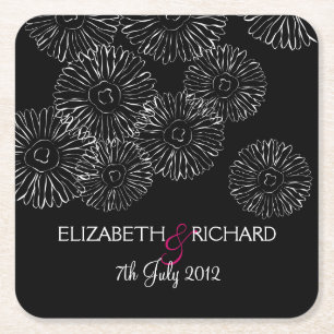 Posavasos Cuadrado De Papel Boda Moderna de Daisy Chic Boho Blanco y Negro