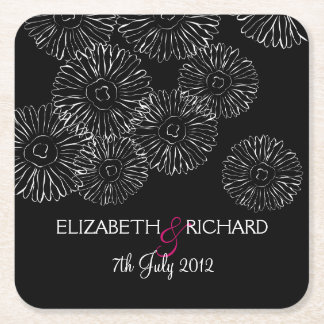 Posavasos Cuadrado De Papel Boda Moderna de Daisy Chic Boho Blanco y Negro 