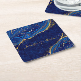 Posavasos Cuadrado De Papel Boda moderna en oro y azul elegante nombre persona