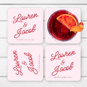 Posavasos Cuadrado De Papel Boda moderna minimalista minimal rosa y roja
