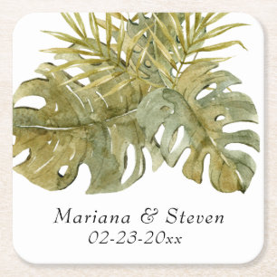Posavasos Cuadrado De Papel Boda Moderna Tropical Hojas Palma Seca