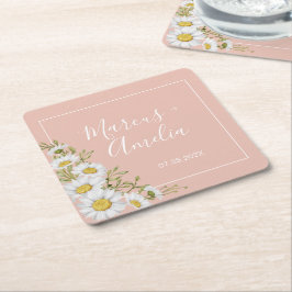 Posavasos Cuadrado De Papel Boda moderno de Rubor y White Daisies