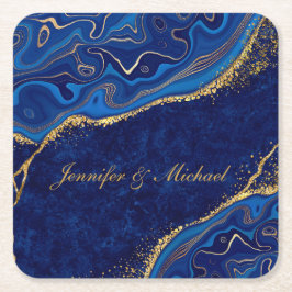 Posavasos Cuadrado De Papel Boda moderno dorado y azul elegante nombre persona