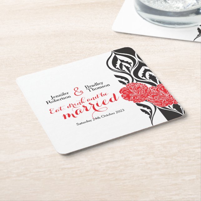 Posavasos Cuadrado De Papel Boda modernos personalizados rojos de lujo (En perspectiva)