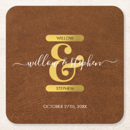 Posavasos Cuadrado De Papel Boda Monograma Antiguo Faux Leather & Gold