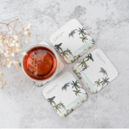 Posavasos Cuadrado De Papel Boda Monograma de arena de palmeras tropicales