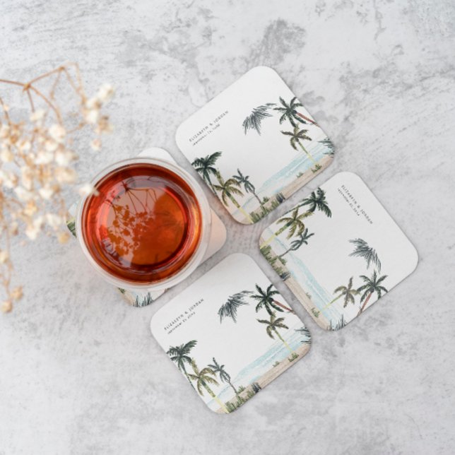 Posavasos Cuadrado De Papel Boda Monograma de arena de palmeras tropicales (Subido por el creador)