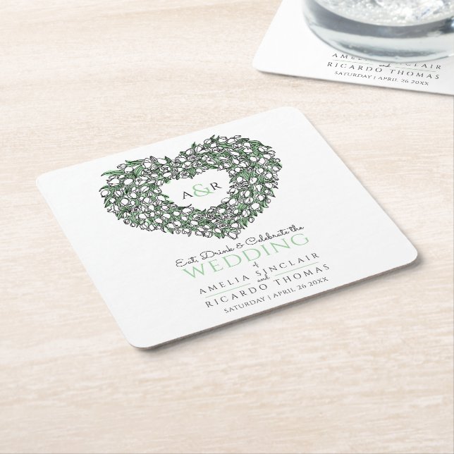 Posavasos Cuadrado De Papel Boda monograma de dibujo de tinta azul tulipán bla (En perspectiva)