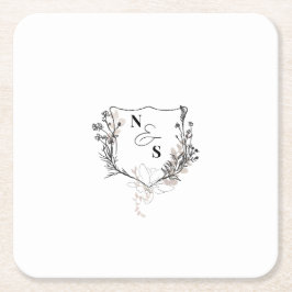 Posavasos Cuadrado De Papel Boda Monograma de Escudo floral blanco/negro forma