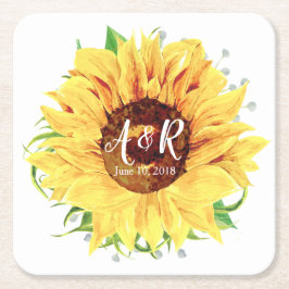 Posavasos Cuadrado De Papel Boda monograma de girasol amarillo