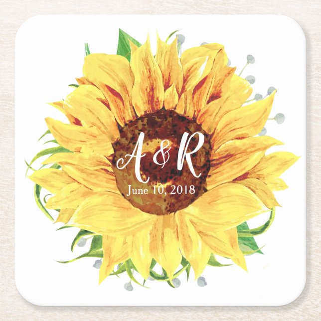 Posavasos Cuadrado De Papel Boda monograma de girasol amarillo (Anverso)