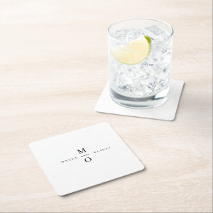 Posavasos Cuadrado De Papel Boda Monograma Elegante Minimalista Blanco sencill
