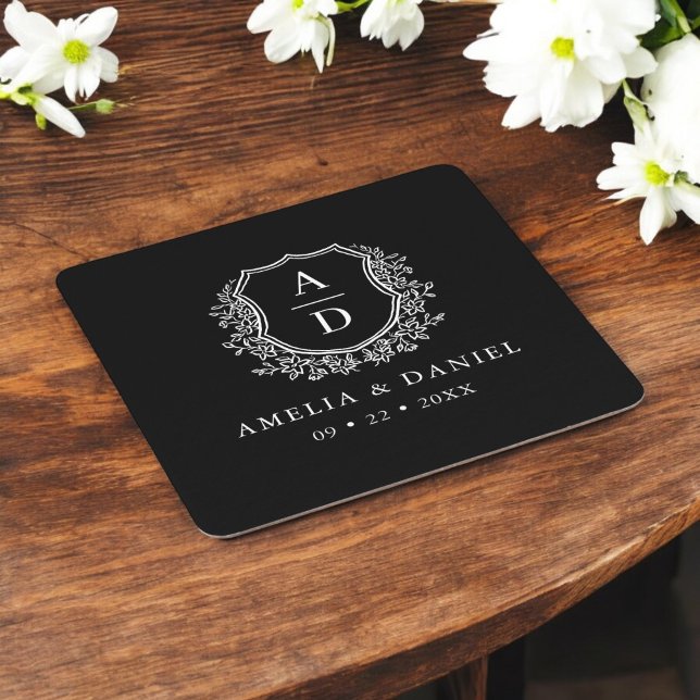Posavasos Cuadrado De Papel Boda Monograma Escudo Floral Elegante (Subido por el creador)