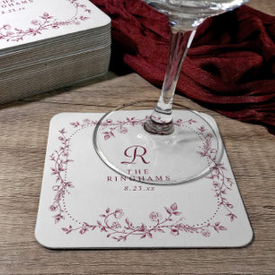 Posavasos Cuadrado De Papel Boda Monograma Floral Francés de Vino Rojo Oscuro