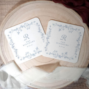 Posavasos Cuadrado De Papel Boda Monograma Floral Francés Vintage Azul Polvori