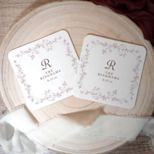 Posavasos Cuadrado De Papel Boda Monograma Floral Francesa Rosa Polvoriento Ma