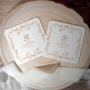Posavasos Cuadrado De Papel Boda Monograma Naranja Terracota Floral Francesa