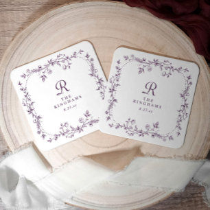 Posavasos Cuadrado De Papel Boda Monograma Púrpura Berenjena Floral Francesa