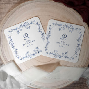 Posavasos Cuadrado De Papel Boda Monograma Victoriana Floral Francesa Azul Mar