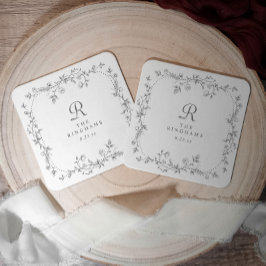 Posavasos Cuadrado De Papel Boda Monograma Victoriana Floral Gris Francesa
