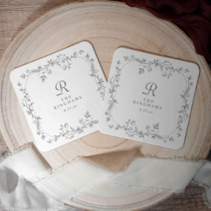 Posavasos Cuadrado De Papel Boda Monograma Victoriana Floral Gris Francesa