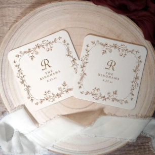 Posavasos Cuadrado De Papel Boda Monograma Vintage Floral Marrón Francés Crema