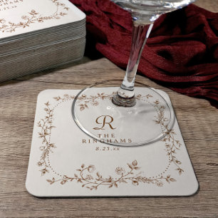 Posavasos Cuadrado De Papel Boda Monograma Vintage Floral Marrón Francés Crema
