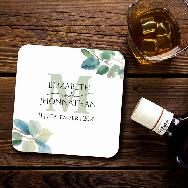 Posavasos Cuadrado De Papel Boda monogramado de eucalipto de verde (Subido por el creador)