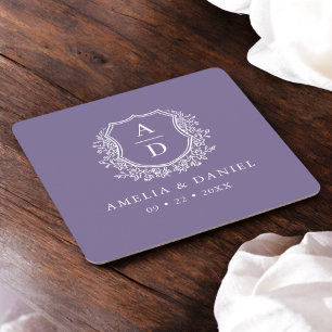 Posavasos Cuadrado De Papel Boda morado Escudo floral elegante