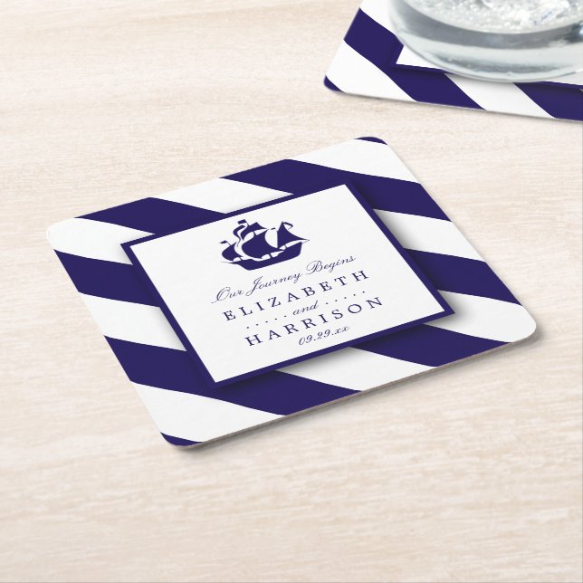 Posavasos Cuadrado De Papel Boda Nautical Stripes & Navy Blue Ship (En perspectiva)