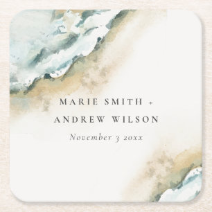 Posavasos Cuadrado De Papel Boda Náutico de la playa de arena de las olas del 