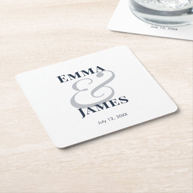 Posavasos Cuadrado De Papel Boda Navy Ampersand |  (En perspectiva)