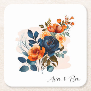 Posavasos Cuadrado De Papel Boda Navy Blue y Naranja Peony
