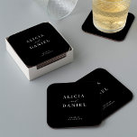 Posavasos Cuadrado De Papel Boda negro elegante y minimalista<br><div class="desc">Elegante decoración sencilla y minimalista en papel boda blanco y negro en tonos pastel, con un elegante y elegante guión de moda a la moda en caligrafía. Fácil de personalizar con tus detalles! Adecuado para bodas neutros de corbata negra formales. Tenga en cuenta que el color de fondo se puede...</div>
