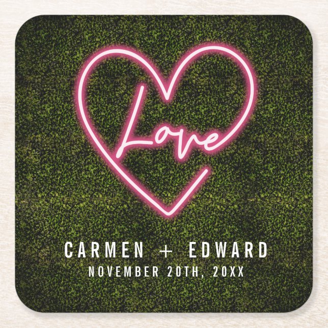 Posavasos Cuadrado De Papel Boda Neon Rótulo Love Heart (Anverso)