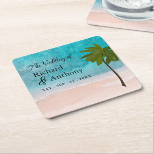 Posavasos Cuadrado De Papel Boda Ocean Beach Palm Tree